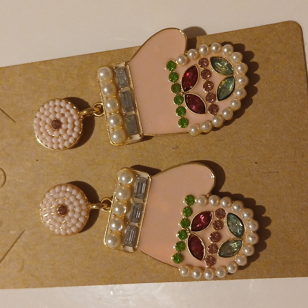 Fashion Jewelry Pink and Gold Mittens Earrings - Picture 3 of 4